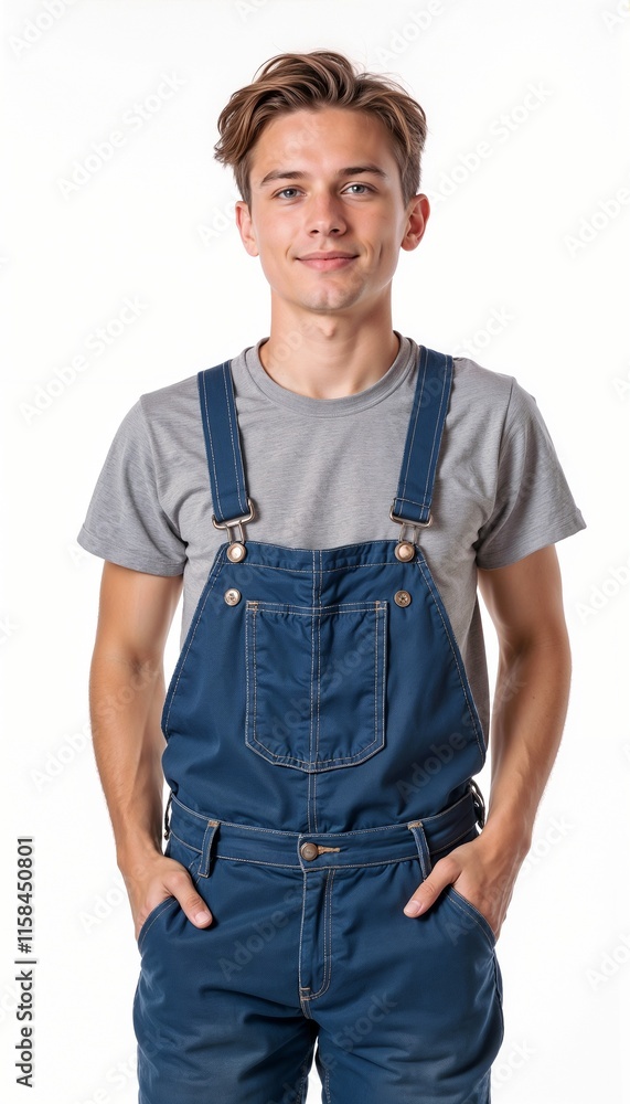 Young man in denim overalls with gray t-shirt on white background. For repair workshops, renovation teams, carpentry shops, furniture assembly, craft studios. Young man in denim overalls with gray t-shirt on white background. For repair workshops, renovation teams, carpentry shops, furniture assembly, craft studios.