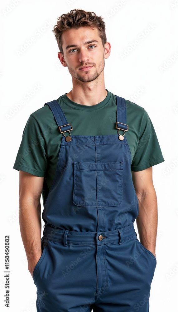 Obraz premium Man in navy overalls with green t-shirt on white background. For repair services, technical maintenance, manufacturing facilities, assembly works, warehouse operations.