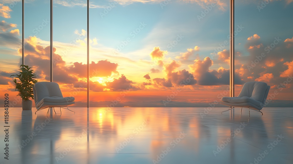 Fototapeta premium Sunset view from modern room with armchairs.