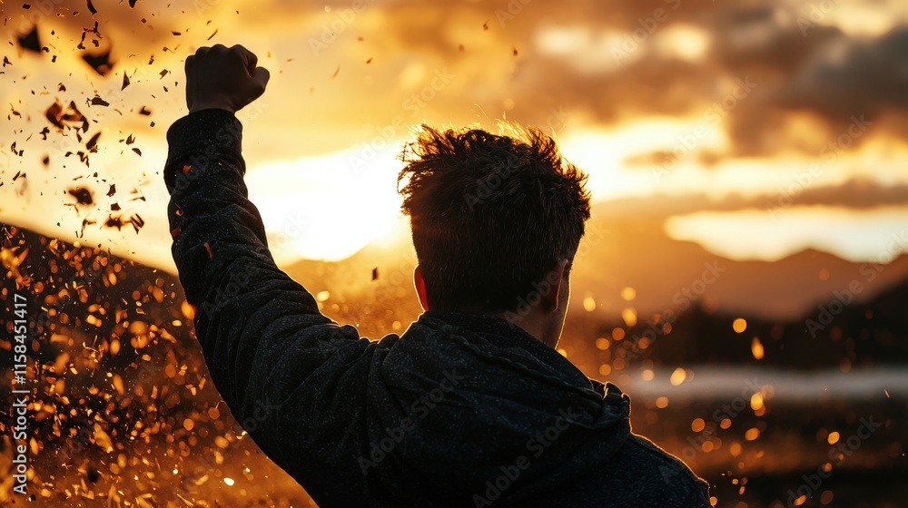 Fototapeta premium Triumphant candidate silhouette raising fist at sunset inspirational image outdoor setting empowering concept