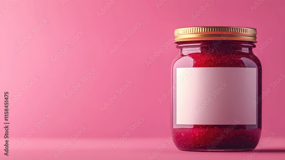 A close-up of a raspberry jam jar with a blank label on a vibrant pink background, showcasing the jar's sleek design for brand customization A close-up of a raspberry jam jar with a blank label on a vibrant pink background, showcasing the jar's sleek design for brand customization