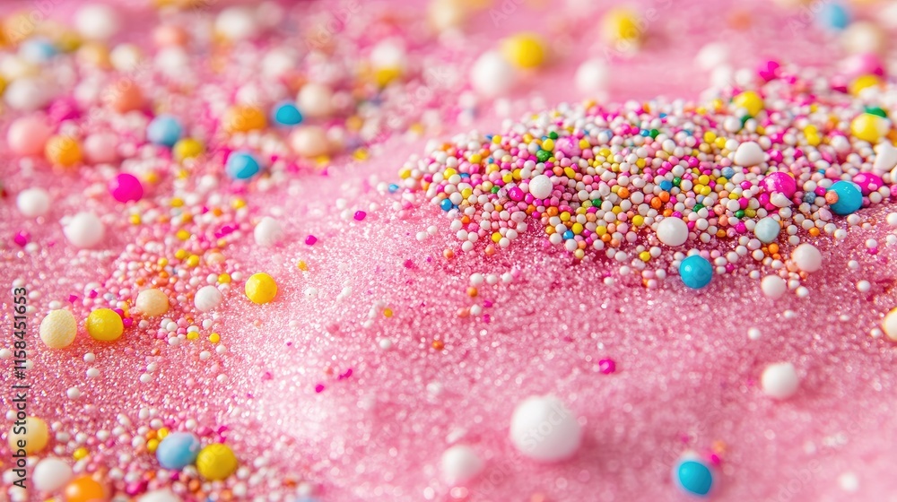 Obraz premium A close-up of colorful sprinkles and toppings on a pink icing sugar texture, enhancing the visual appeal of a sweet, sugary treat