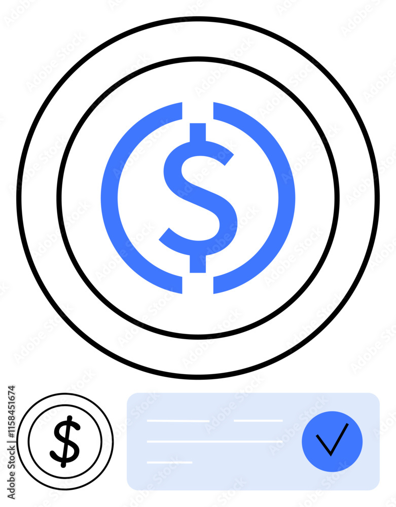 Blue dollar sign encircled, smaller black dollar sign, blue checkmark on form. Ideal for financial services, business, banking, accounting, payments investment online transactions. Accurate line Blue dollar sign encircled, smaller black dollar sign, blue checkmark on form. Ideal for financial services, business, banking, accounting, payments investment online transactions. Accurate line