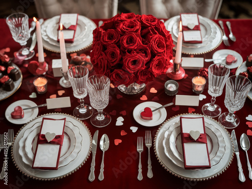 Romantic dinner table setup with red roses and candles for a special occasion celebration photo