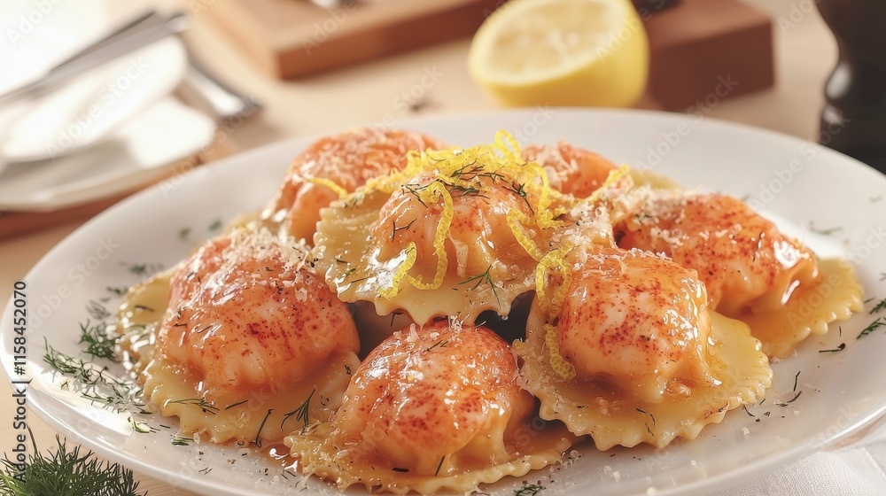 Delicious lobster ravioli with lemon zest culinary delights gourmet food italian cuisine close-up view exquisite presentation Delicious lobster ravioli with lemon zest culinary delights gourmet food italian cuisine close-up view exquisite presentation
