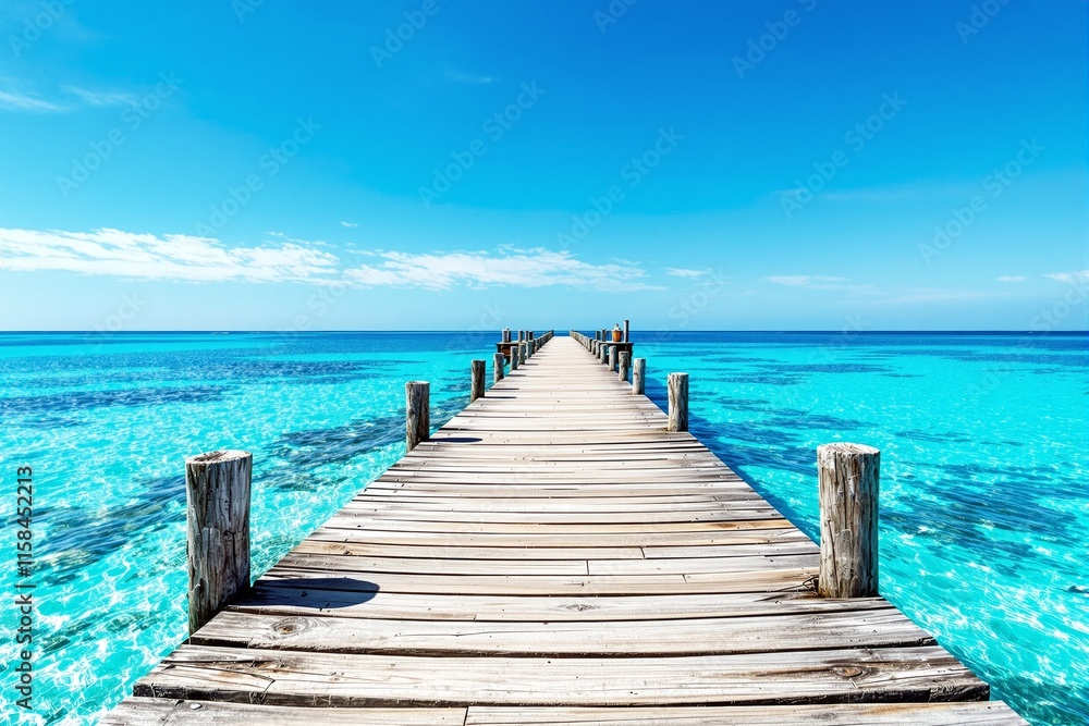 Fototapeta premium A wooden pier extends over clear turquoise ocean water with a bright blue sky above, evoking a peaceful and tropical vacation concept. Ai generative