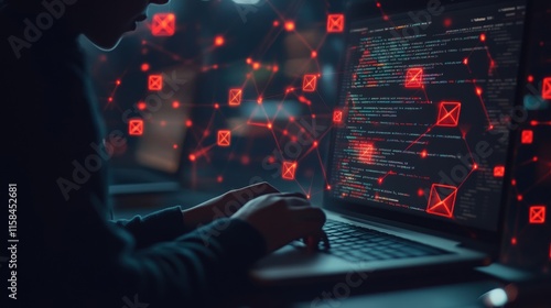 Cybersecurity breach simulation digital workspace image tech environment close-up viewpoint