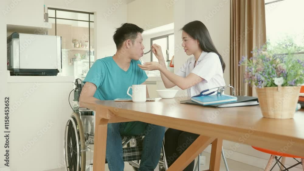 Woman Nurse having Medical checkup of man patient at Home Woman Nurse having Medical checkup of man patient at Home