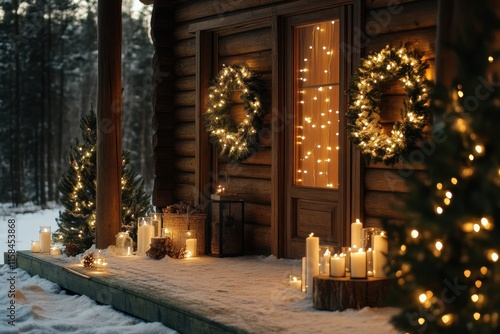 Cozy Winter Cottage Decorated with Christmas Lights and Ornaments, Surrounded by Snow in a Peaceful Forest Setting, Inviting Atmosphere for the Holidays