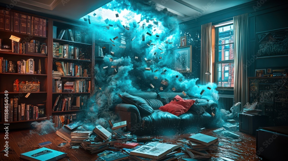 A chaotic living room with books and clouds, suggesting a burst of creativity or imagination. A chaotic living room with books and clouds, suggesting a burst of creativity or imagination.