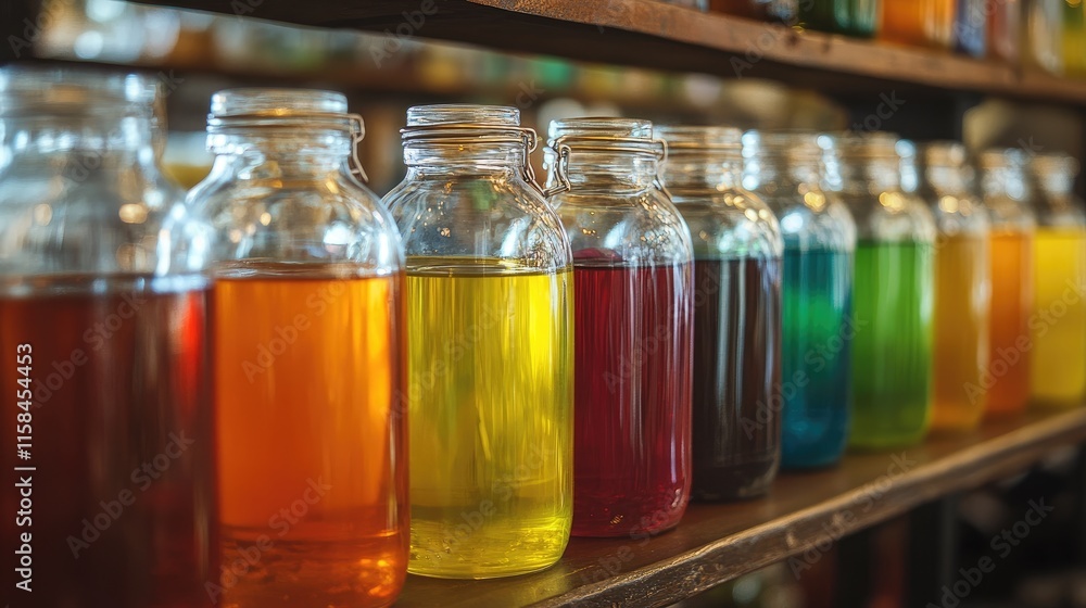 A display of glass jars filled with vibrant, colored liquids, showcasing the different textures and hues in a visually appealing row A display of glass jars filled with vibrant, colored liquids, showcasing the different textures and hues in a visually appealing row