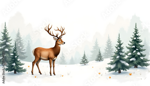 Watercolor painting, reindeer and Christmas tree in panoramic scale style photo