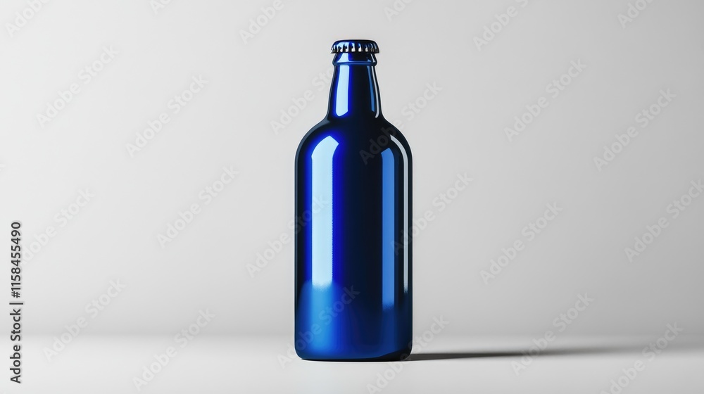 A glossy blue beer bottle featuring a blank label, isolated on a neutral grey background, ideal for showcasing new product designs or branding concepts A glossy blue beer bottle featuring a blank label, isolated on a neutral grey background, ideal for showcasing new product designs or branding concepts