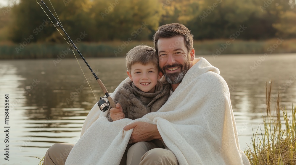 Father and son enjoy a peaceful fishing trip by the lake, wrapped in warm blankets as the sun sets and creates a tranquil atmosphere around them, highlighting their joyful connection. Father and son enjoy a peaceful fishing trip by the lake, wrapped in warm blankets as the sun sets and creates a tranquil atmosphere around them, highlighting their joyful connection.