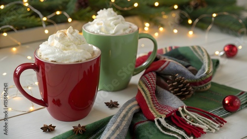 Green and red cappuccino coffee cups placed on a decorated table on Christmas festival