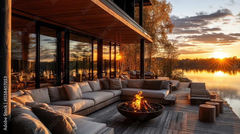 Fototapeta premium A lakeside autumn sunset highlights a cozy wooden terrace, featuring comfortable sofas and a fire pit, perfect for enjoying golden hour by the modern country house