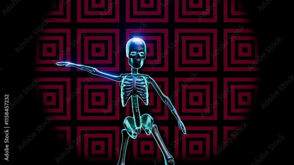 Energetic skeleton dancing to vibrant patterns for a dynamic VJ experience Energetic skeleton dancing to vibrant patterns for a dynamic VJ experience