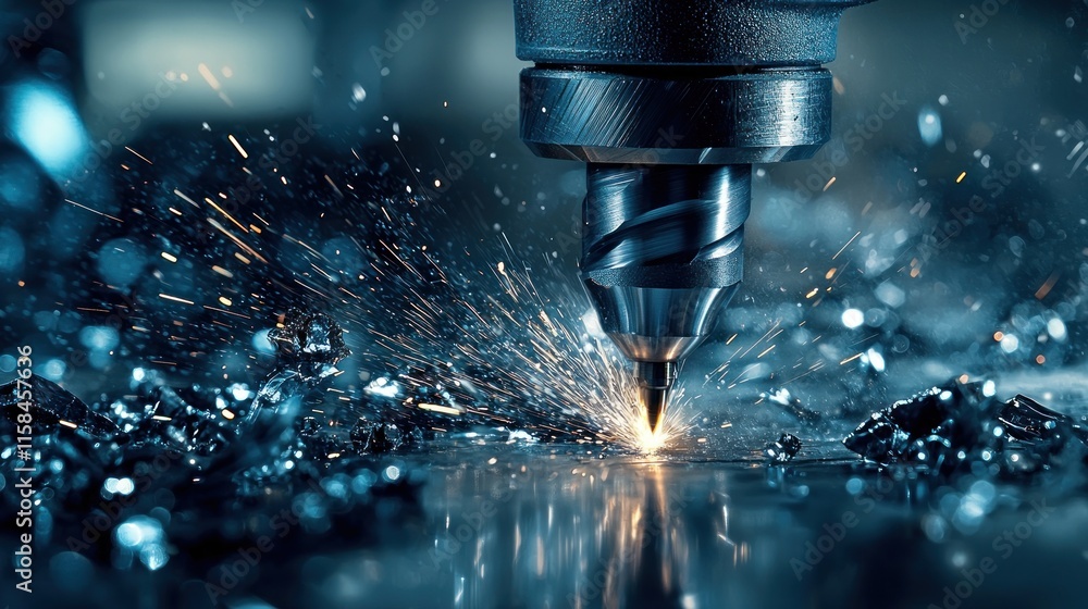 A close-up of a cutting tool creating sparks while machining metal. A close-up of a cutting tool creating sparks while machining metal.