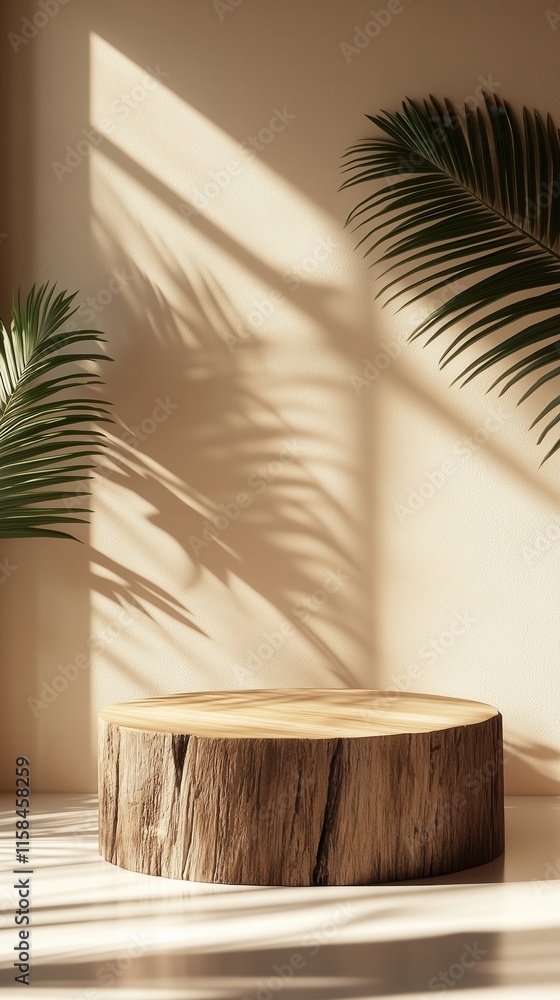 A wooden podium on the wall, a product display stand with a background of beige walls and palm leaves, soft lighting, a clean composition, and a minimalist style. A wooden podium on the wall, a product display stand with a background of beige walls and palm leaves, soft lighting, a clean composition, and a minimalist style.