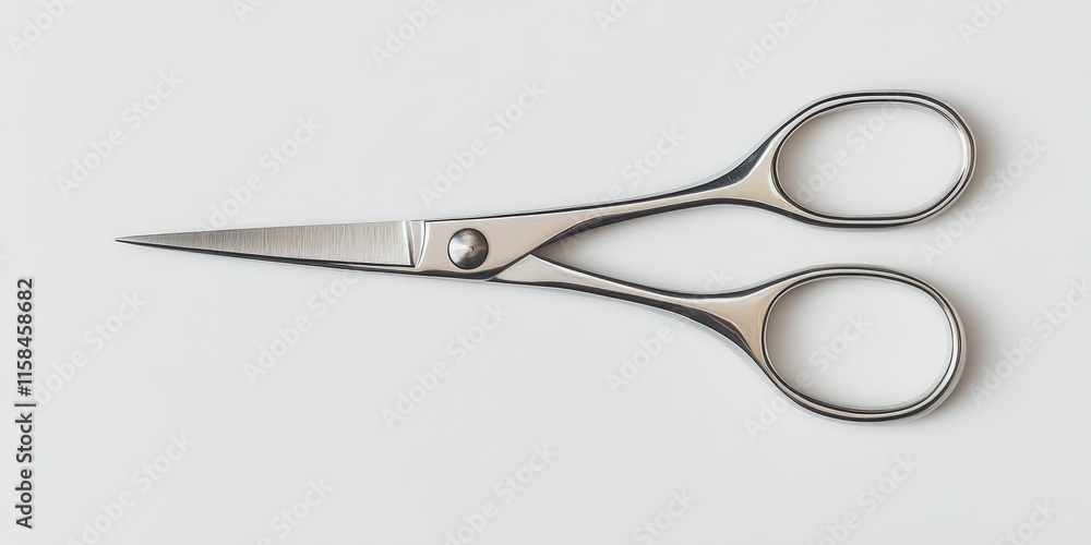 Aerial perspective of gleaming light silver surgical scissors positioned on a plain white backdrop, creating a monochromatic visual effect. Aerial perspective of gleaming light silver surgical scissors positioned on a plain white backdrop, creating a monochromatic visual effect.