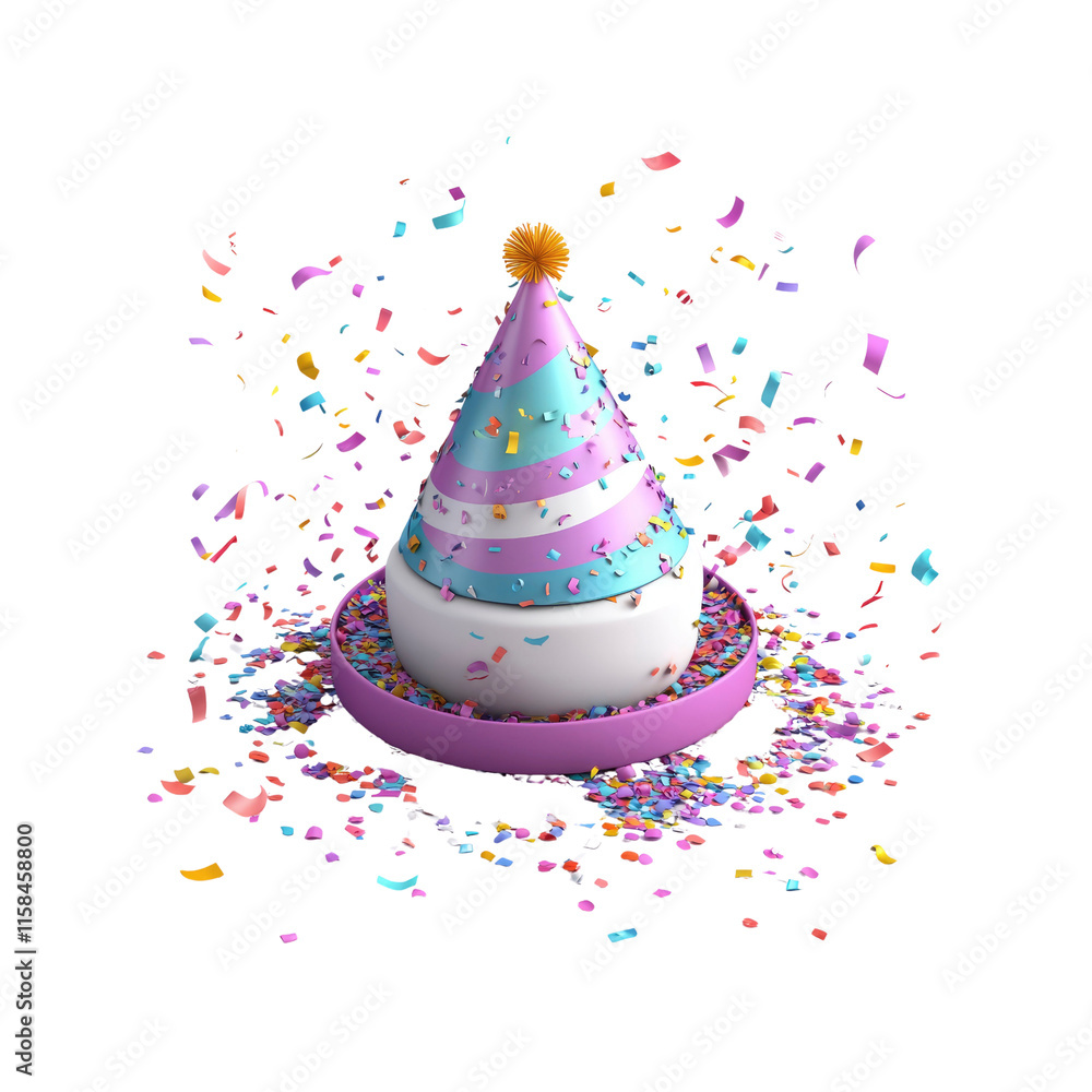 Festive Party Hat with Confetti Explosion - 3D Render Festive Party Hat with Confetti Explosion - 3D Render