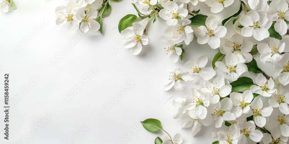 White blossoms from an apple tree on a white backdrop, accompanied by ample space for text. The scene showcases the delicate beauty of the white apple tree flowers. White blossoms from an apple tree on a white backdrop, accompanied by ample space for text. The scene showcases the delicate beauty of the white apple tree flowers.