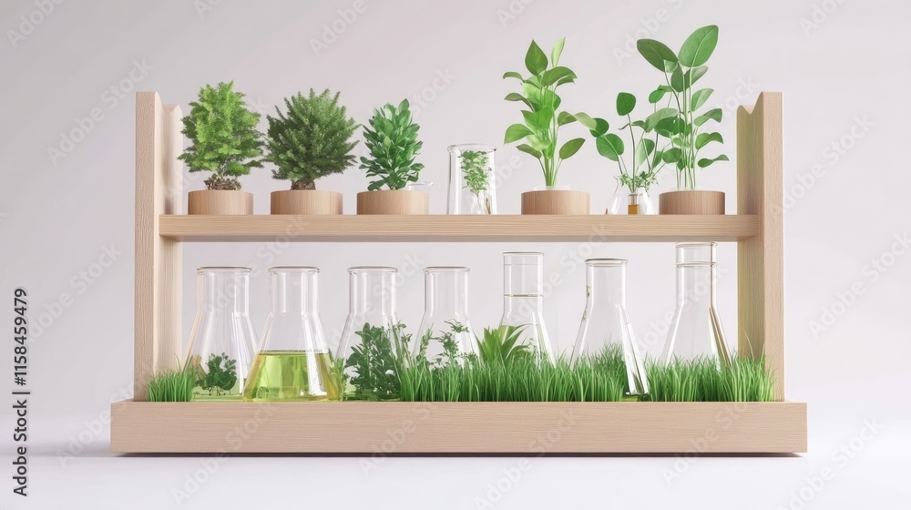 A modern eco-friendly laboratory with beakers and plants, symbolizing sustainable practices in green chemistry, isolated on a pristine white background A modern eco-friendly laboratory with beakers and plants, symbolizing sustainable practices in green chemistry, isolated on a pristine white background