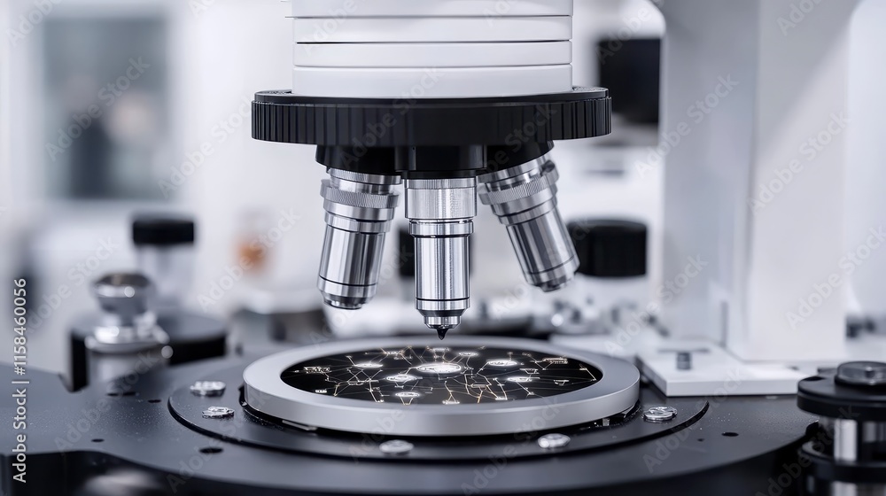 A close-up view of a laboratory microscope focusing on a specimen slide, showcasing precision optics and advanced scientific equipment. A close-up view of a laboratory microscope focusing on a specimen slide, showcasing precision optics and advanced scientific equipment.