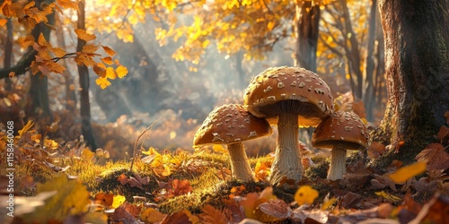 Discover the beauty of cepe mushrooms in the woods during fall, celebrating the natural flavor of boletus. This nature inspired scene highlights the deliciousness of cepe as a food treasure. photo