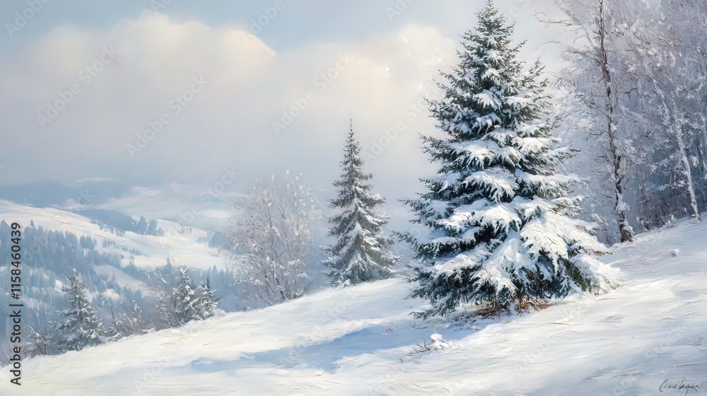Snow-covered fir trees on a winter hillside, scenic mountain landscape under a bright winter sky. Snow-covered fir trees on a winter hillside, scenic mountain landscape under a bright winter sky.
