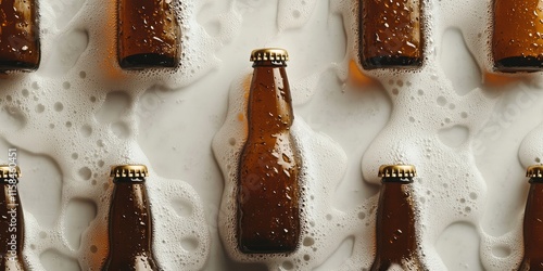 Abstract close up of wet beer bottles arranged on a white surface, showcasing the texture and design of the beer bottles with an emphasis on their refreshing appeal. photo