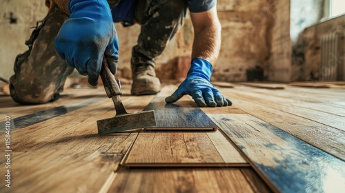 Wallpaper Mural Worker laying vinyl floor planks in renovation project indoor close-up Torontodigital.ca