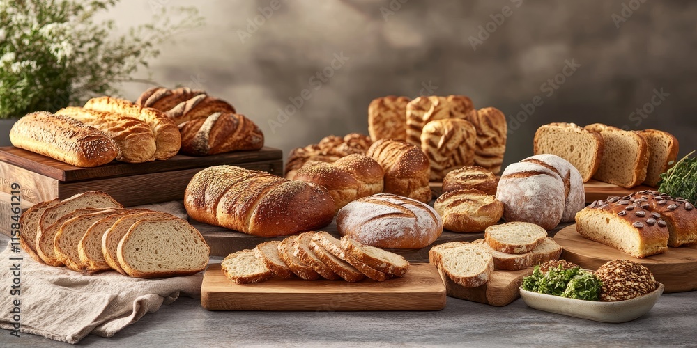 A variety of bread products displayed beautifully on a table, showcasing the diverse textures and shapes of different bread products in an appealing composition. A variety of bread products displayed beautifully on a table, showcasing the diverse textures and shapes of different bread products in an appealing composition.