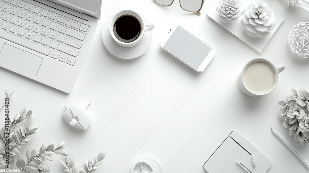 A minimalist workspace featuring a laptop, coffee, smartphone, and decorative plants, all set against a clean white background. A minimalist workspace featuring a laptop, coffee, smartphone, and decorative plants, all set against a clean white background.