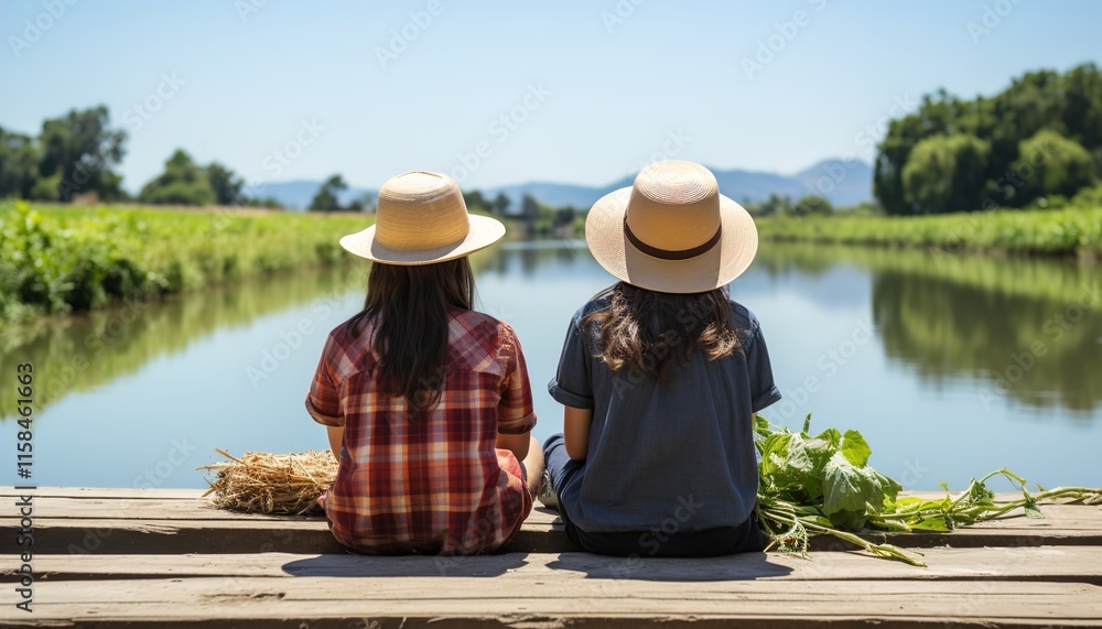 Kids with watermelon resting on a pier and admiring water lilies growing under river water. Kids with watermelon resting on a pier and admiring water lilies growing under river water.