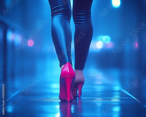 Woman in red heels walking away at night.
