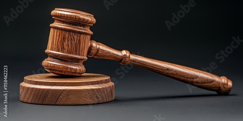 Judge s gavel hammer represents adjudication and justice, showcasing a wooden auction hammer alongside a wooden stand. This image emphasizes the themes of law and justice in a simple setting. photo