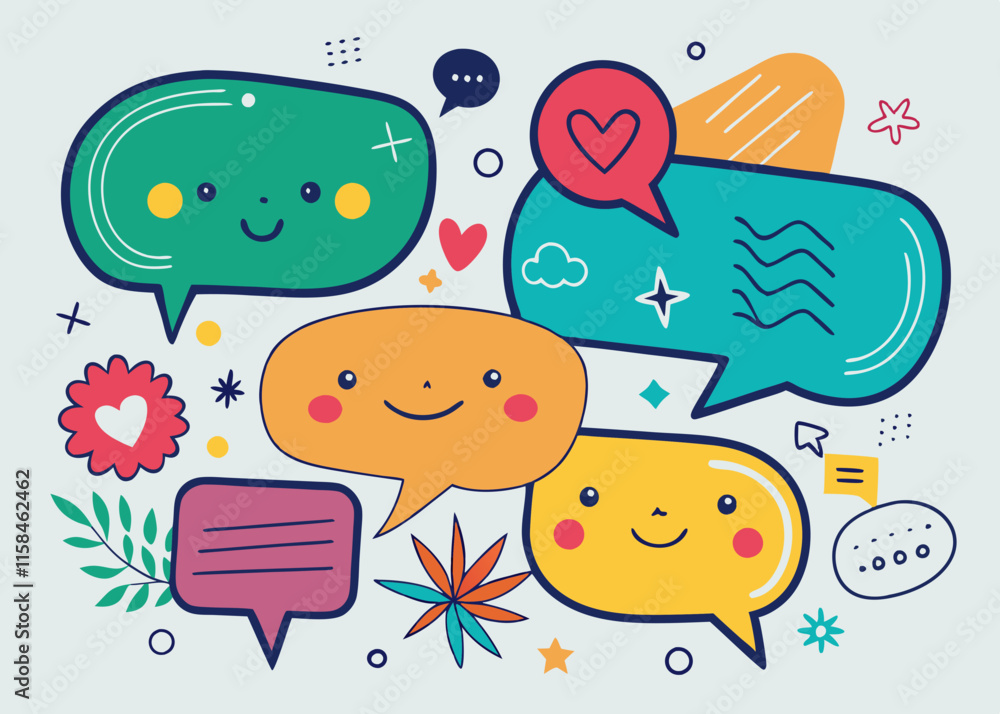 Whimsical hand-drawn speech bubble designs with creative and colorful doodle elements.
Whimsical hand-drawn speech bubble designs with creative and colorful doodle elements.