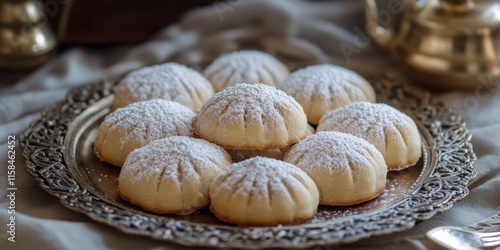 Eid cookies, also known as maamoul or mamoul cookies, are delicious treats enjoyed during the Eid celebrations. These festive Eid cookies are often adorned with powdered sugar for added sweetness. photo