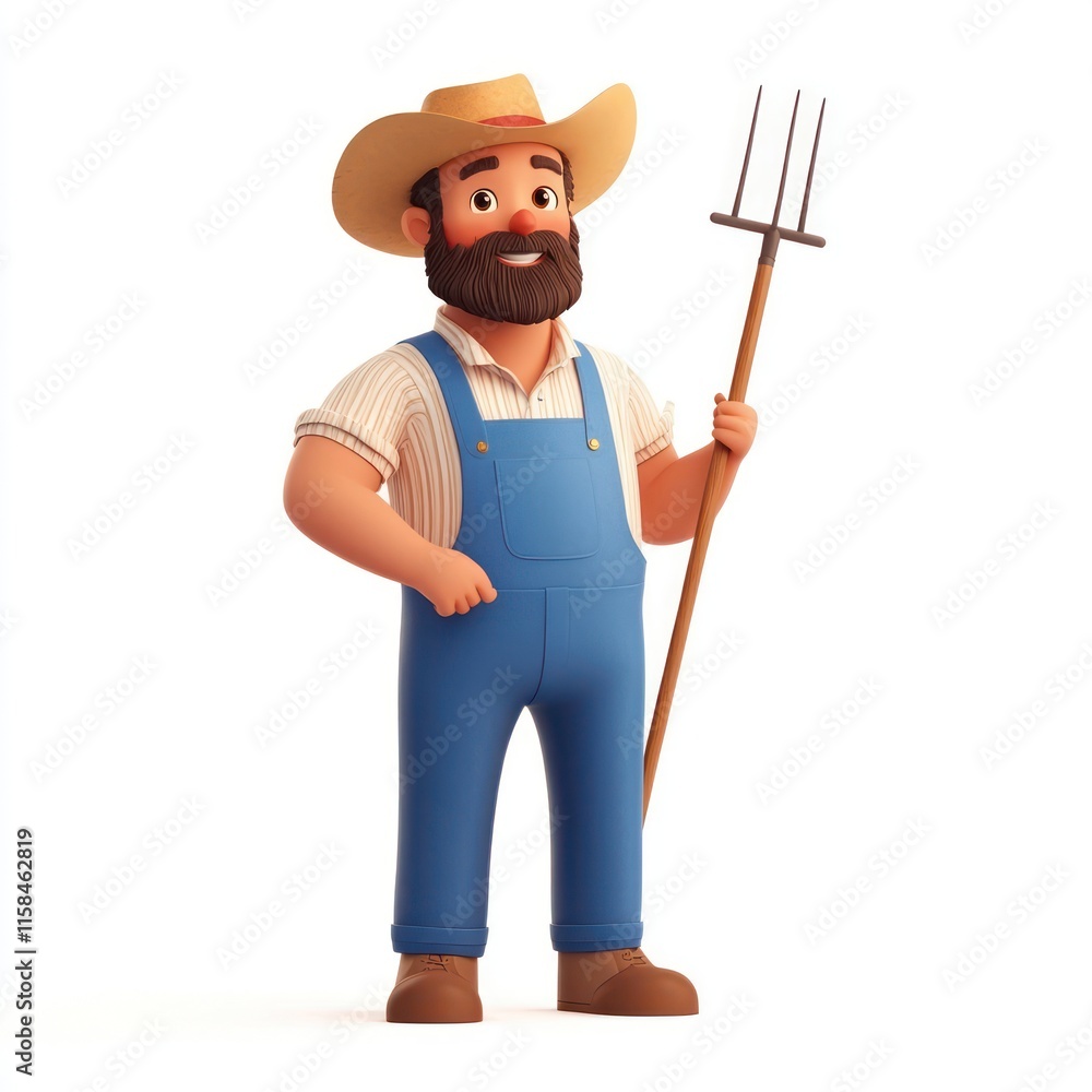 A farmer in overalls, holding a pitchfork. vector style art 3d illustration Isolated on White Background A farmer in overalls, holding a pitchfork. vector style art 3d illustration Isolated on White Background