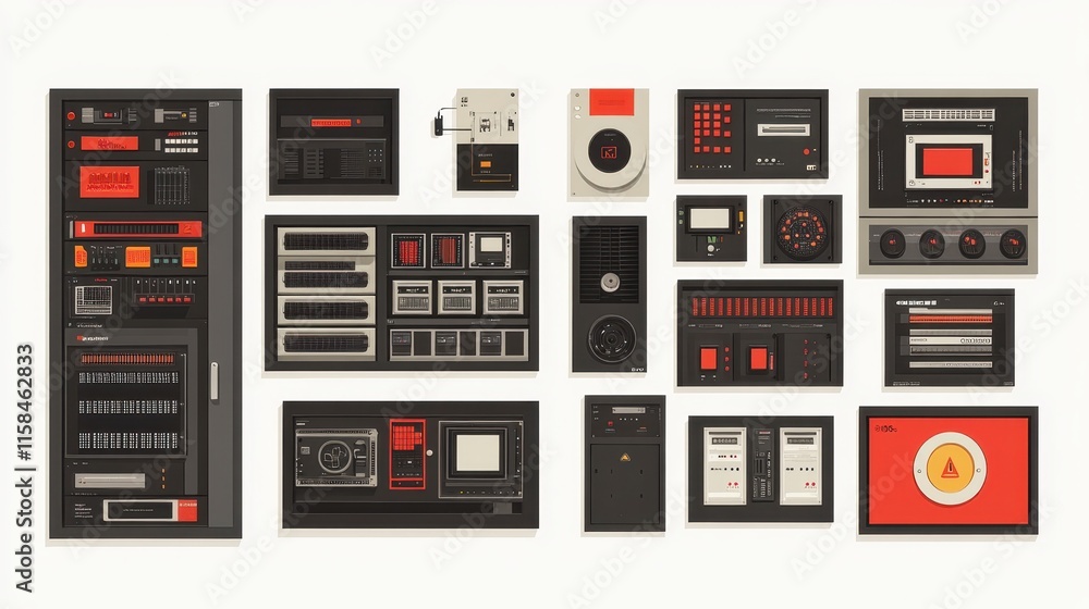 A collection of retro control panels and electronic devices featuring buttons, dials, and displays in a minimalist design. A collection of retro control panels and electronic devices featuring buttons, dials, and displays in a minimalist design.