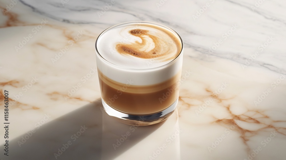 Beautifully crafted latte art with layered coffee and milk served in a glass cup placed on a sleek minimalist marble table surface This image exudes a calm elegant atmosphere perfect for cafe Beautifully crafted latte art with layered coffee and milk served in a glass cup placed on a sleek minimalist marble table surface This image exudes a calm elegant atmosphere perfect for cafe