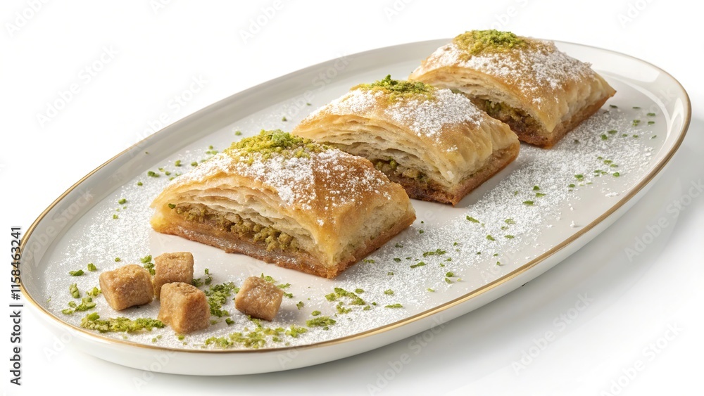 Exquisite baklava display on an elegant platter showcasing the art of pastry making Exquisite baklava display on an elegant platter showcasing the art of pastry making