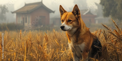 Dog in a village setting exploring the field. This village dog enjoys its time outdoors in the vast open field, showcasing the charm of village life with a playful spirit. photo