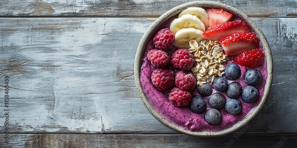 Minimal Acai Bowl Vegan and ready to eat. Enjoy the cold, fruity, and creamy flavors reminiscent of refreshing ocean waves and a summer breeze against a textured grey wooden backdrop. Minimal Acai Bowl Vegan and ready to eat. Enjoy the cold, fruity, and creamy flavors reminiscent of refreshing ocean waves and a summer breeze against a textured grey wooden backdrop.