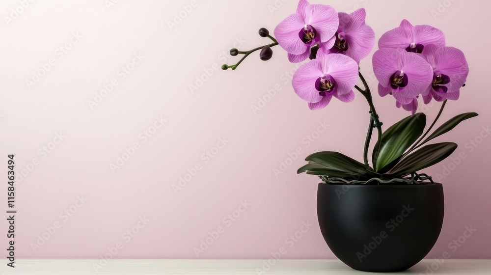 A black pot with pink orchids against a pastel background. A black pot with pink orchids against a pastel background.