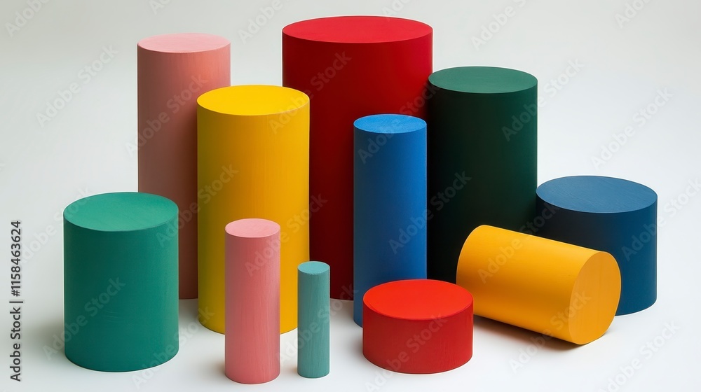 A colorful arrangement of geometric shapes in various sizes, featuring cylinders and circles, ideal for educational or artistic contexts. A colorful arrangement of geometric shapes in various sizes, featuring cylinders and circles, ideal for educational or artistic contexts.