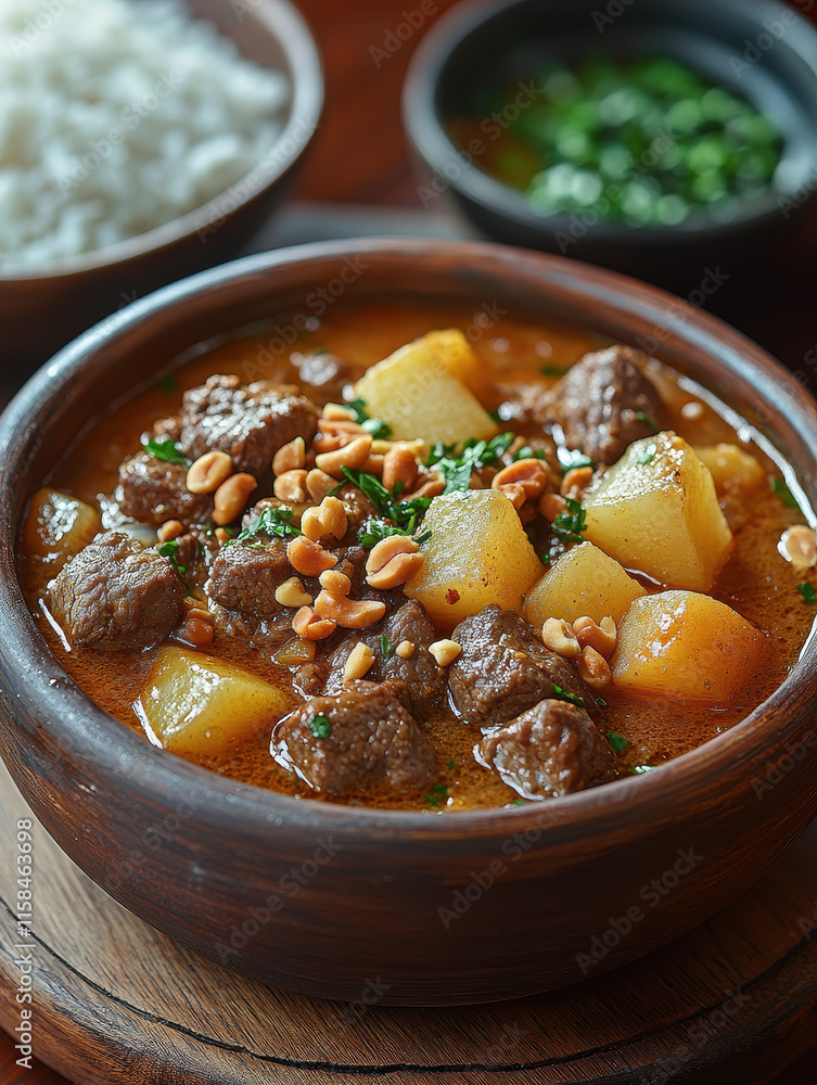 Curry with Meat and Potatoes, Traditional Wooden Bowl, Rustic Setting for Advertisement or Recipe Website Curry with Meat and Potatoes, Traditional Wooden Bowl, Rustic Setting for Advertisement or Recipe Website