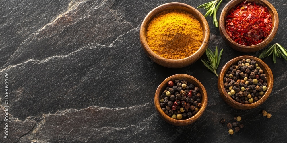 Wooden bowls containing various spices are arranged on a dark stone surface, leaving an open area for any text you may want to add. Wooden bowls containing various spices are arranged on a dark stone surface, leaving an open area for any text you may want to add.