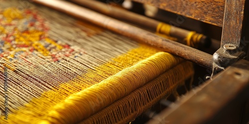 A detailed closeup of an antique weaving loom featuring vibrant yellow cocoons and threads of yarn, showcasing the intricate craftsmanship of traditional weaving techniques. photo